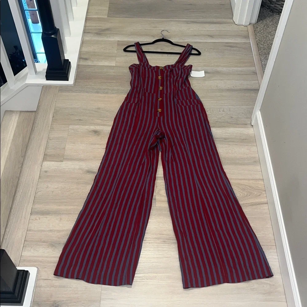 Free People City Girl Striped Jumpsuit NEW wide leg sleeveless pockets Burgandy